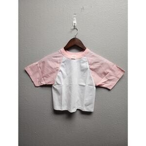 80s Vintage Pink White Cropped T-Shirt Sportswear Made in USA Small